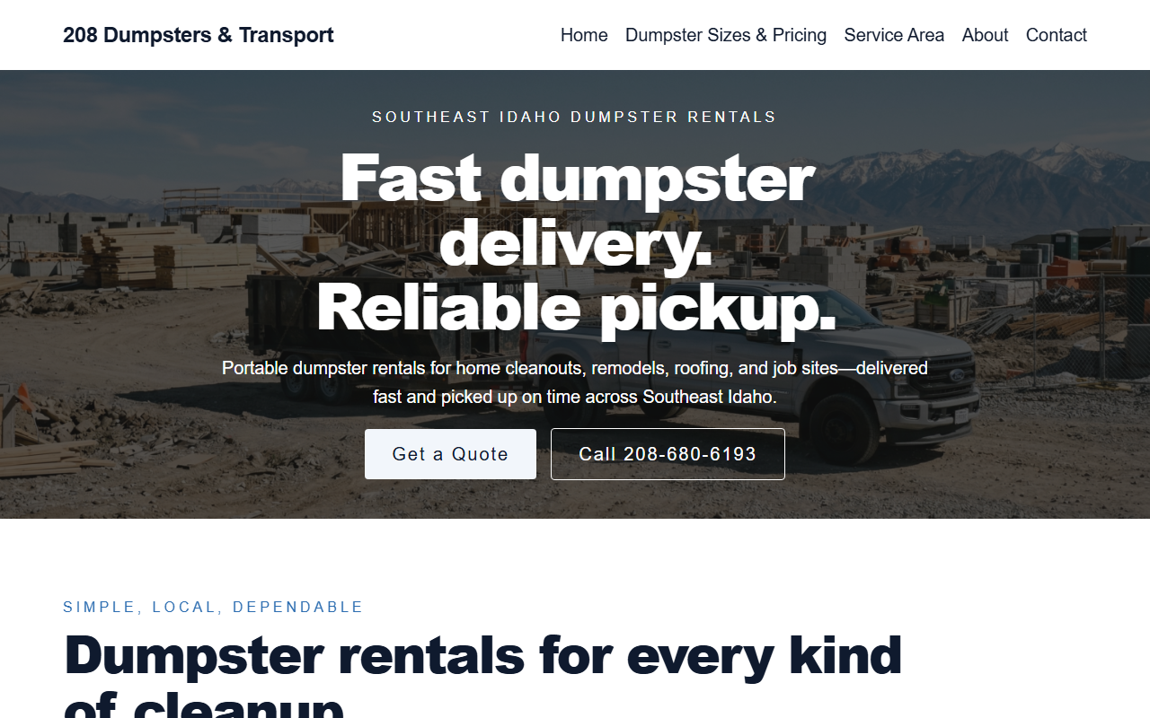 208-dumpsters.com screenshot