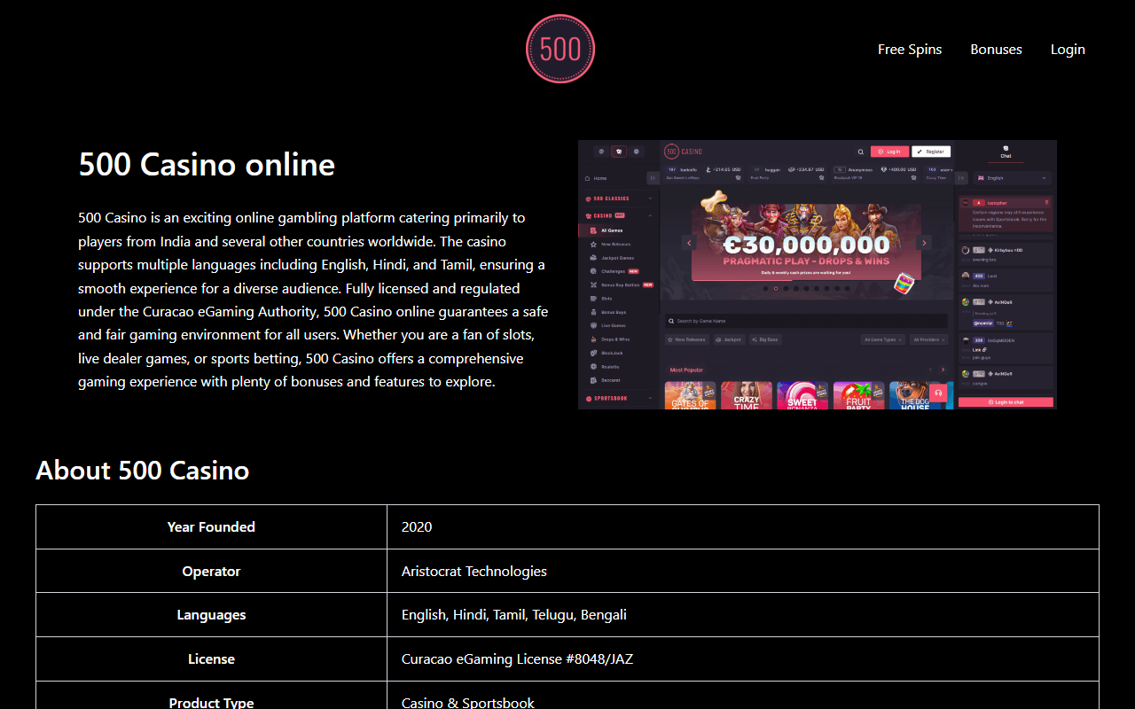 500casinobonuses.com screenshot