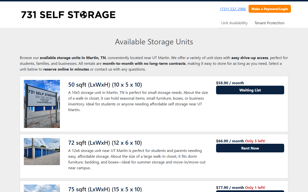 731selfstorage.com screenshot
