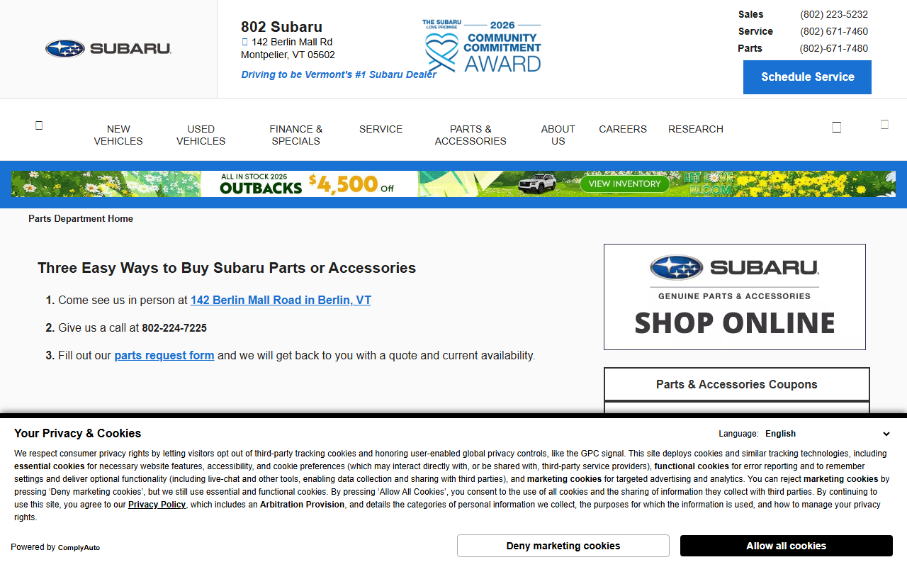 802subaruparts.com screenshot