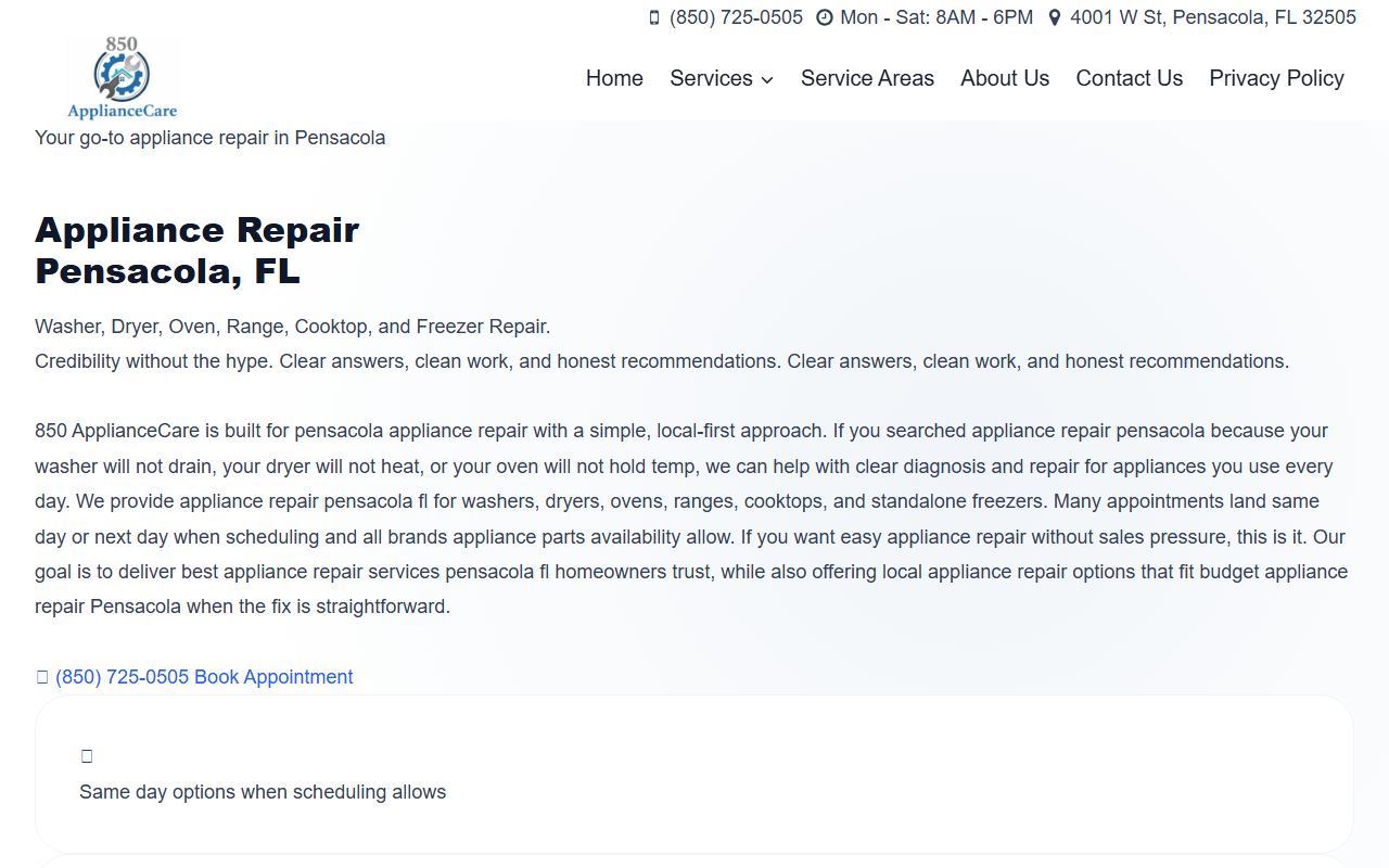 850appliancecare.com screenshot